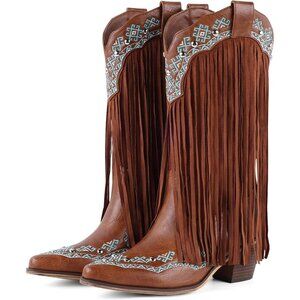 Women's Brown Fringe Faux Fur Knee High Furry Heel Boots Fashion Pointed Toe